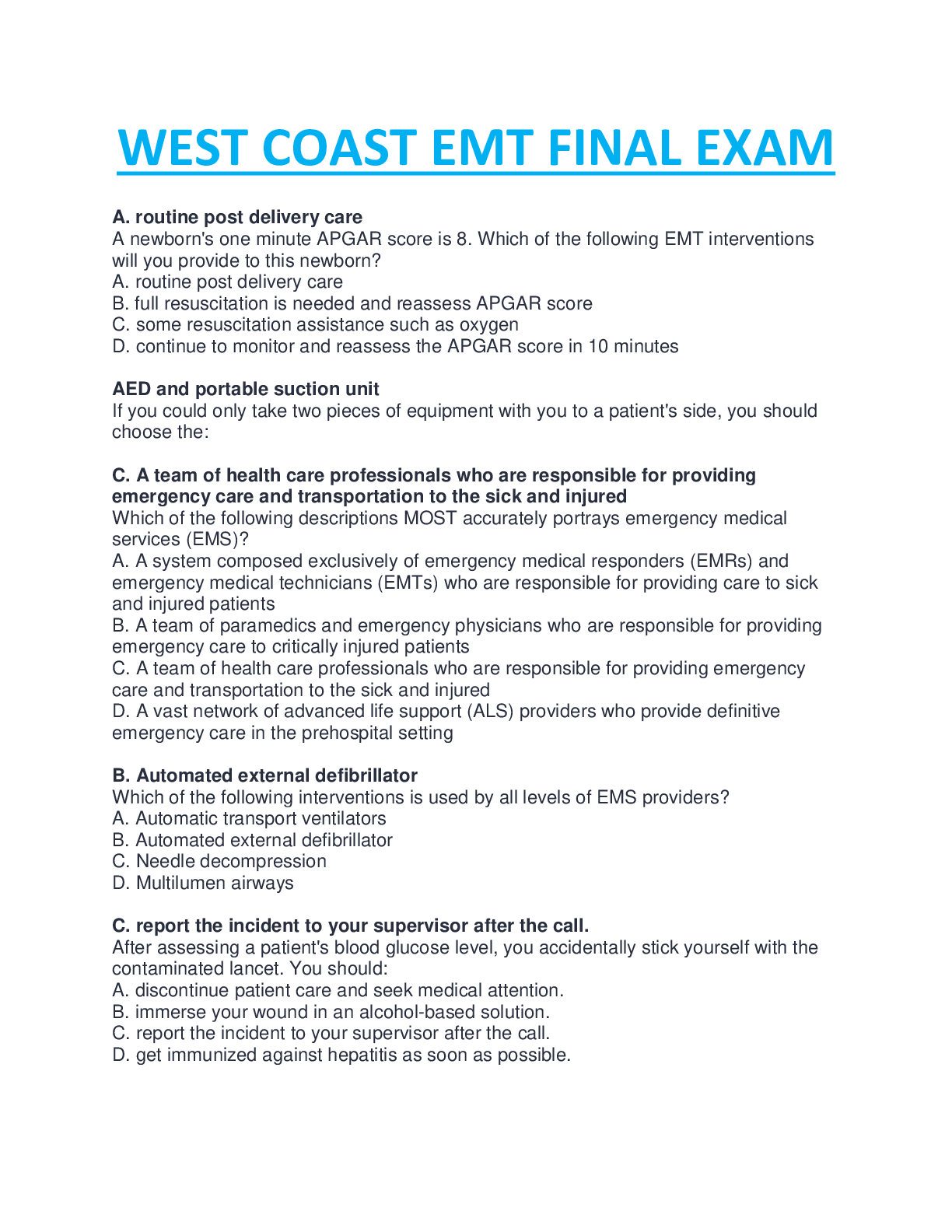 Preview image for WEST COAST EMT FINAL EXAM LATEST UPDATED VERSION (2023/2024) SERIES ALL CORRECT ANSWERS TO BOOST YOUR GRADES.